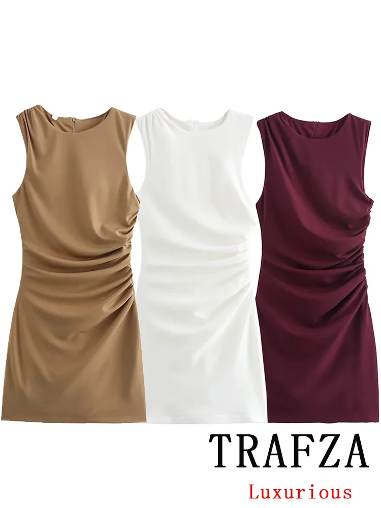 TRAFZA Vintage Chic Women Dress Solid Sleeveless Zipper O-Neck Pleated Mini Dress New Fashion 2024 Autumn Female Party Dress