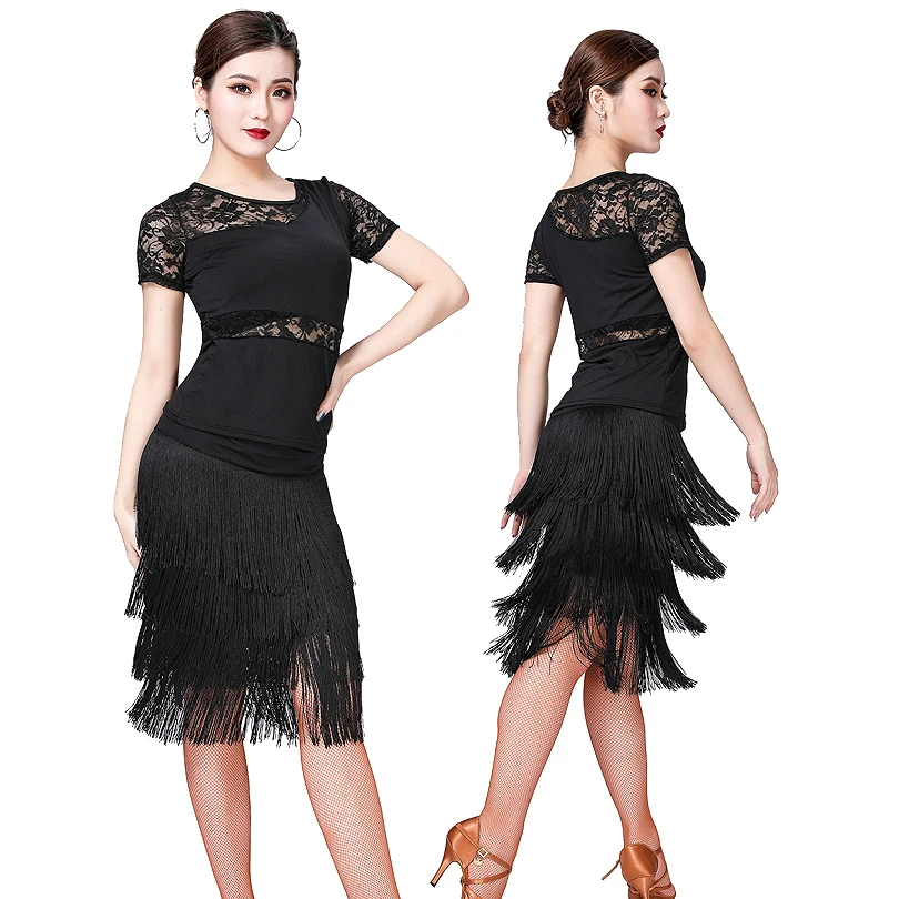 

Ballroom Dance Dress (top+skirt) Latin Competition Dance Skirt Salsa Dancing Costume Practice Set Tassel for Women Adults