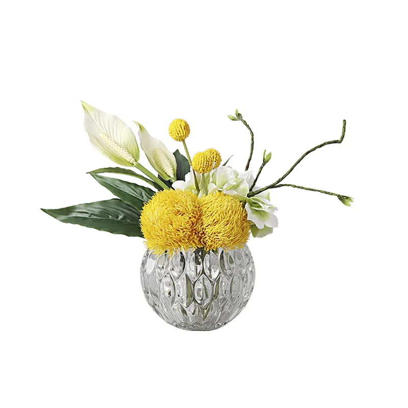 Modern simple glass vase flower arrangement simulation flower small fresh crystal round flower ware living room dining table hom