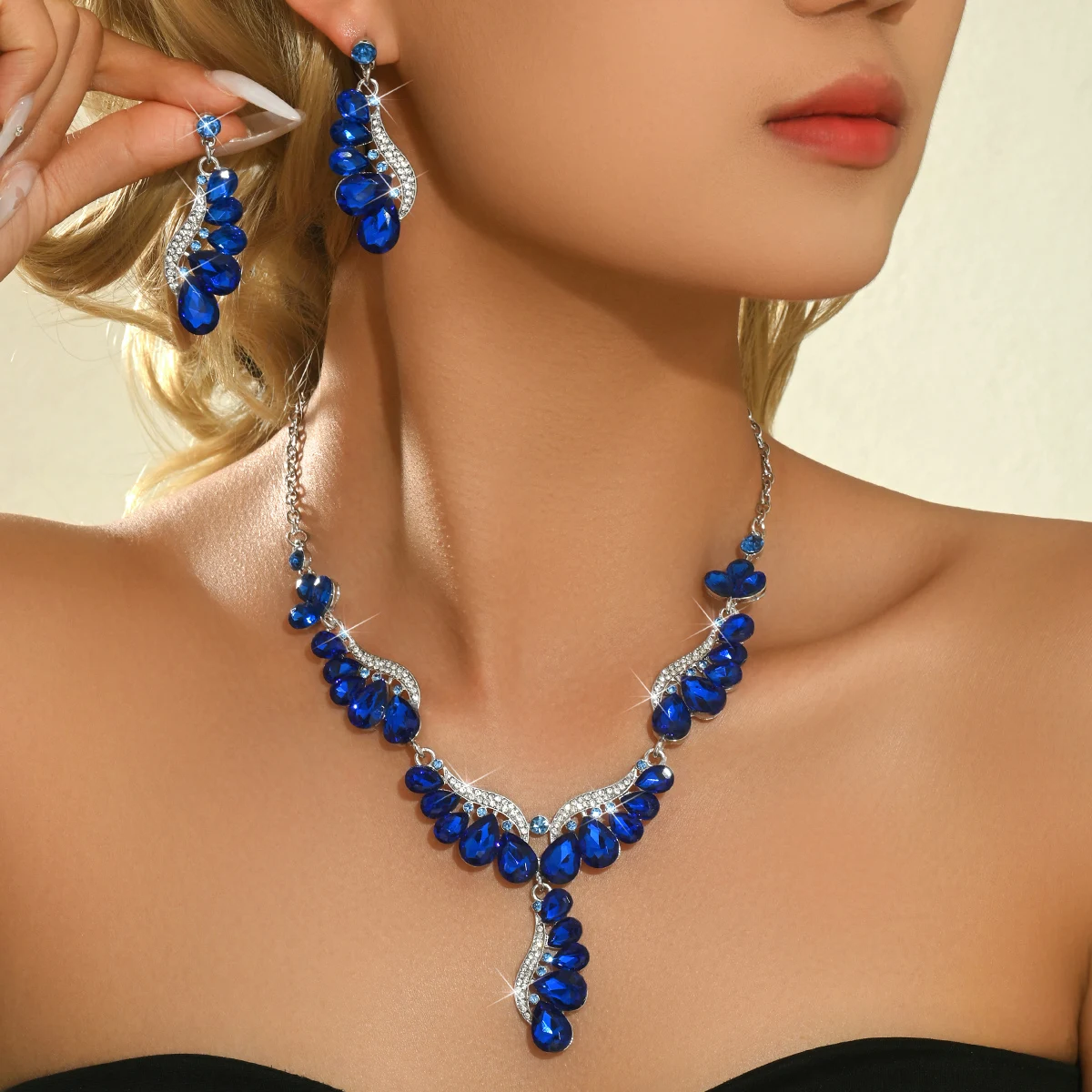 Ocean Wind Treasure Blue Water Drop Crystal Necklace Earrings Women's Dress Red Carpet Banquet Accessories