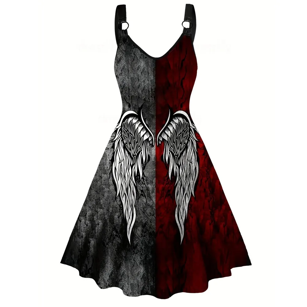 

Gothic Halloween Dress Women Cosplay Costumes Sexy V Neck Sleeveless Retro Dark Wings Printed Scary Party Dresses Plus Size 8XL