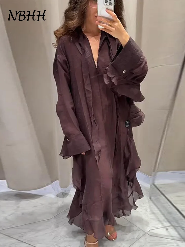 فضفاض الخامس الرقبة الدانتيل يصل الكشكشة فستان طويل المرأة أنيقة Batwing كم أزرار فساتين الحفلات 2025 الخريف الصيف سيدة عطلة الجلباب #1