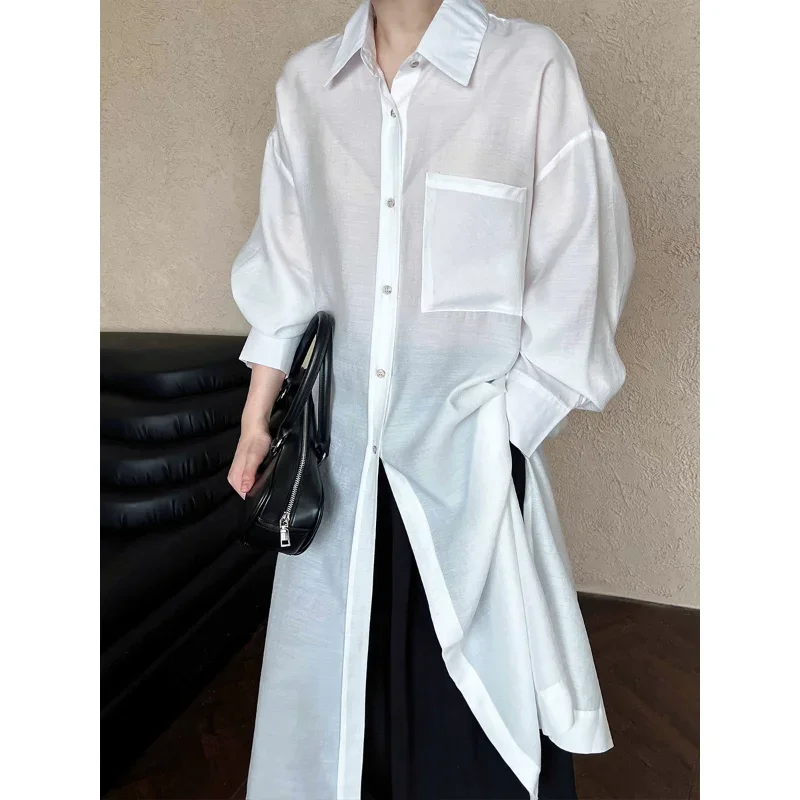 Women Simple Extended White Shirt Dress Loose Casual Micro-transparent Sexy Sunscreen Red Korea Chic French Lady Coat Shirt