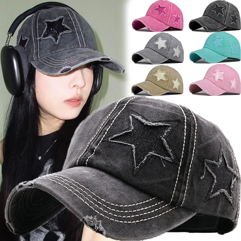 Y2K Star Snapback Hats Women Men Vintage Embroidery Pentagram Washed Cotton Baseball Caps Soft Top Denim Ponytail Hats