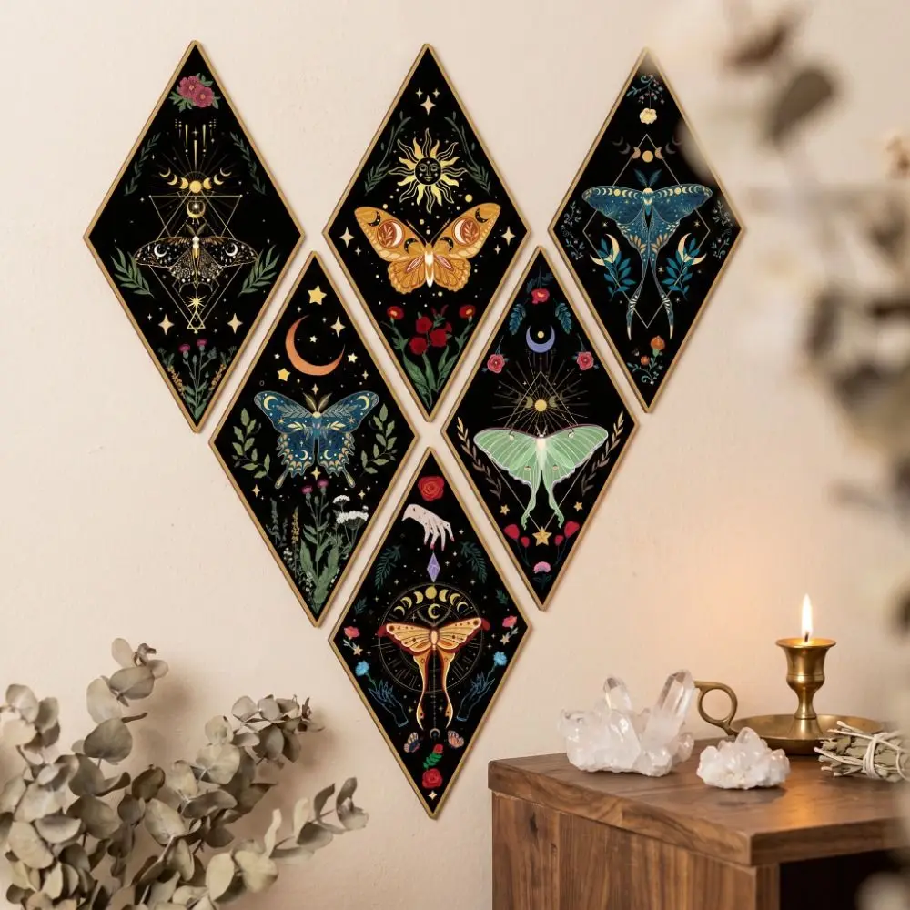 Sun Moon Wooden Wall Decor Dark Style Flower Butterfly Wall Decor Geometric Rhomboid Shape Wall Mounted Board Living Room