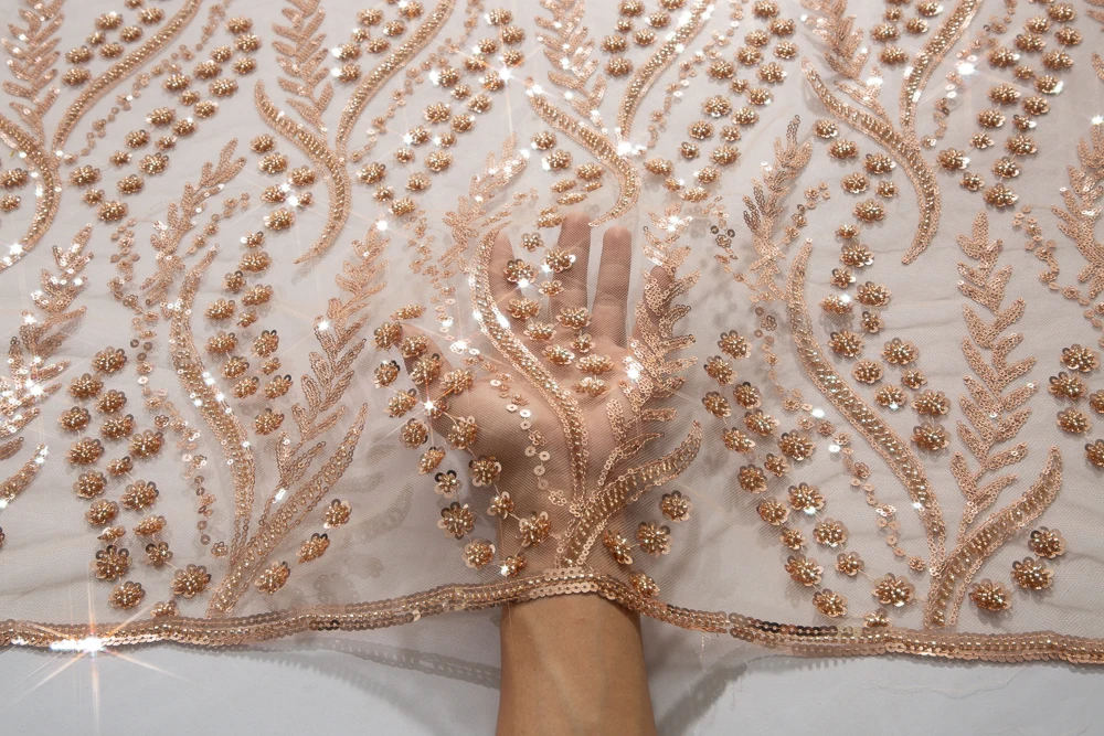 African Mesh Lace Beaded Fabric 2024 High Quality 5 Yards French Tulle Lace Fabric Nigerian Bride Wedding Dress for Women A3803