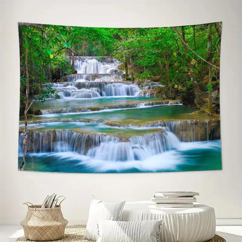 Waterproof Waterfall Landscape Tapestry Jungle Forest Nature Wall Hanging Decor Art Prints for Bedroom Living Room Home Decor
