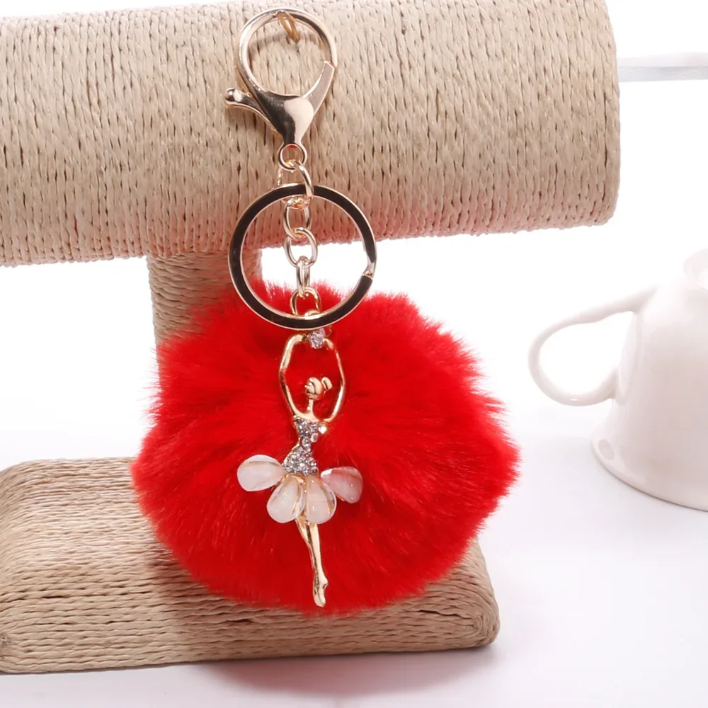 Fashion Rhinestone Ballet Dancer Keychain Cute Plush Ball Keyring for Women Girls Car Handbag Backpack Phone Pendant Accessories