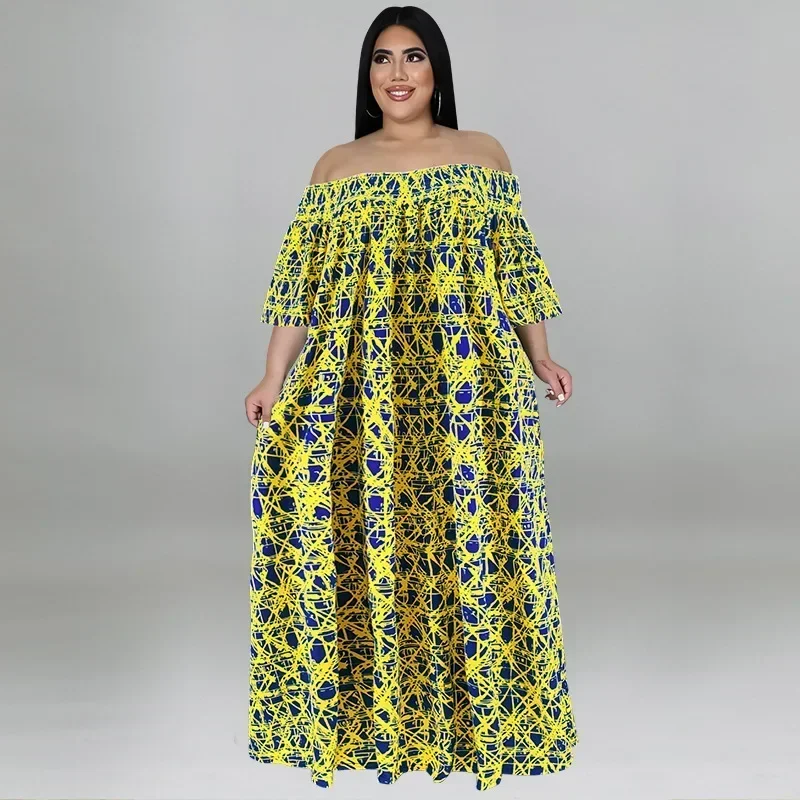 

GUWU Off Shoulder Plus Size Women Dress Print Short Sleeve Summer Beach Style Ladies Dress Casual Loose Streetwear with Belt