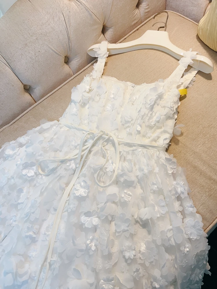 

Ele White Floral 3D Design Wedding Dr Svel High Waist Long Gown for Holiday Casual Wear Polyester Fiber Dr