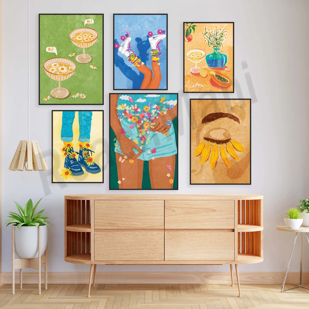 Summer girl, sunflower walk, skate like a girl, flower power eyelashes, flower mood, floral illustration, summer mood poster