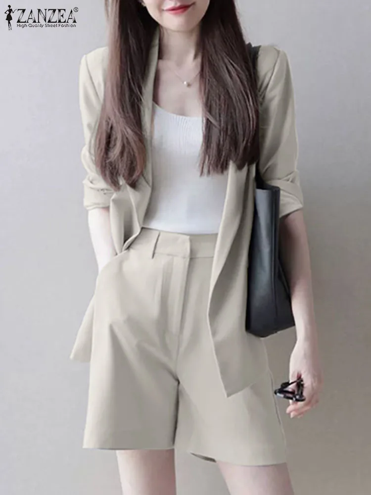 Women 2pcs Blazer Suits ZANZEA Casual Commute 3/4 Sleeve Blazer Coat and Elastic Waist Shorts Korean Fashion 2 Piece Short Sets