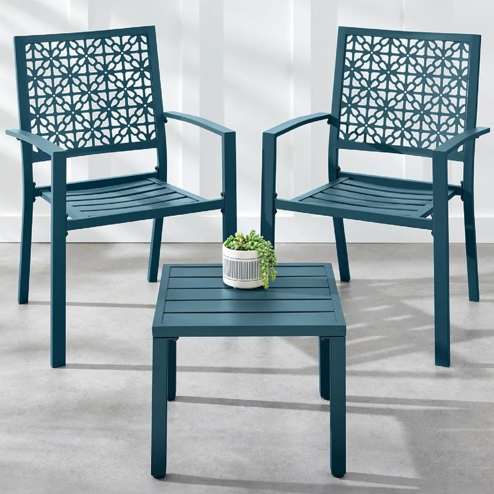

3-Piece Outdoor Bistro Set, Stackable Modern Steel Furniture for Porch, Garden w/ 2 Chairs, Table, Geometric Decor - Peacock Bl