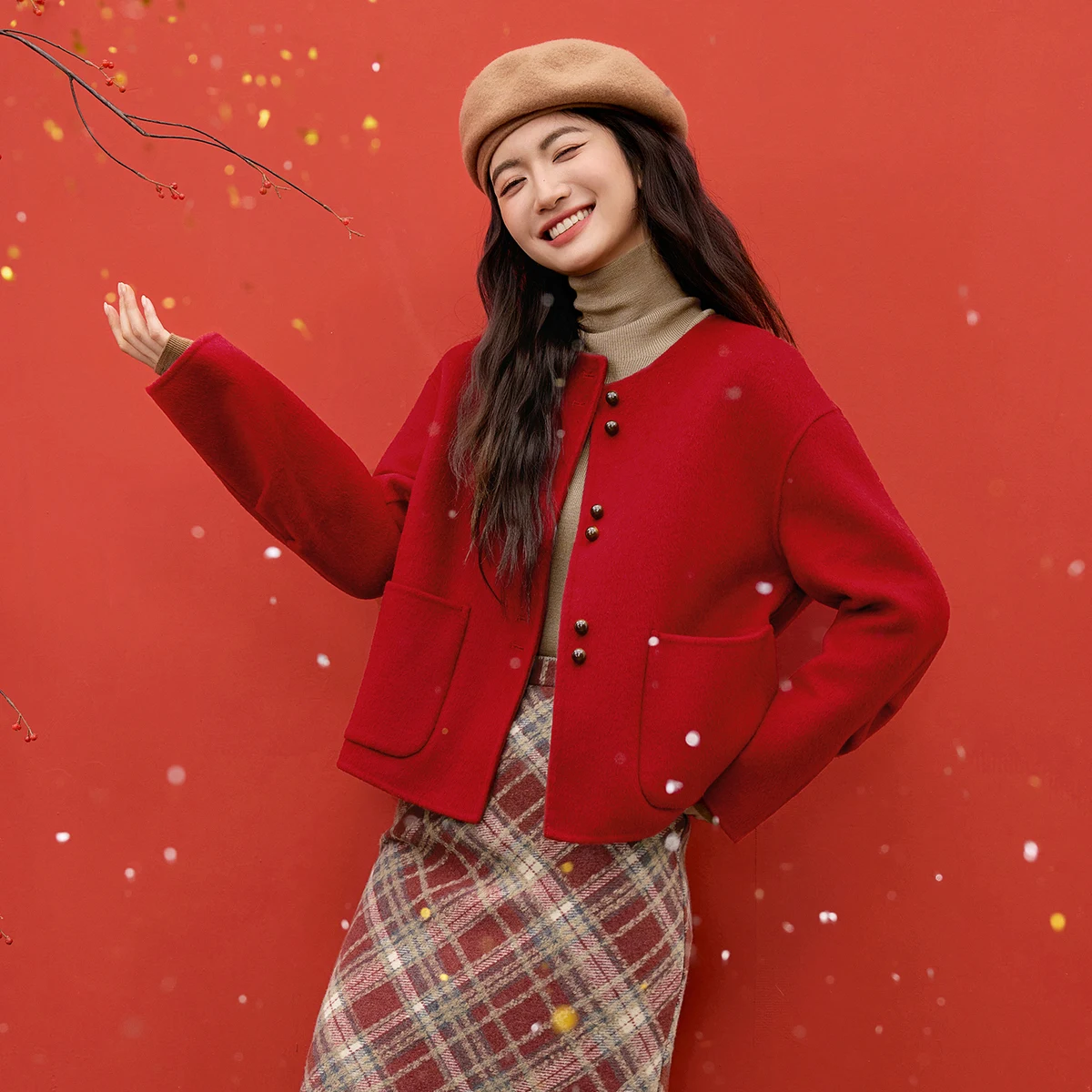 

SENTUBILA Women's Woolen Coat 2025 Winter Contrast Color Double Faced Wool Single Button Jacket Fashion Warm Overcoat W54OG1883