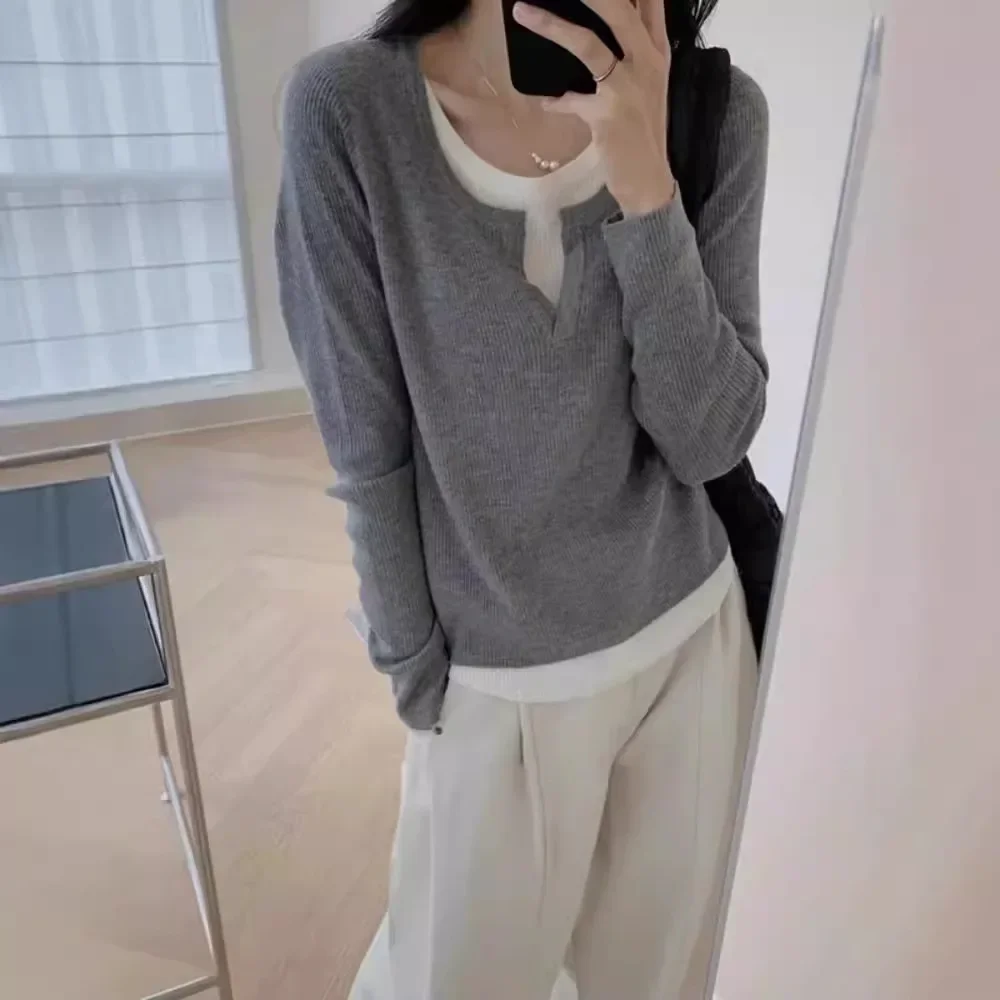 

Women's Spring Autumn Irregular Splicing Slimming Innerknit Base Layer Top Crew Nec Black Two-Piece Illusion Long Sleeve T-Shirt