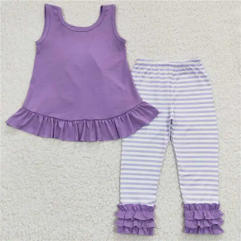 

Wholesale Summer Girls Short-Sleeved Suit With Multi-Element Stripes And Colorful Suspenders With Ruffle