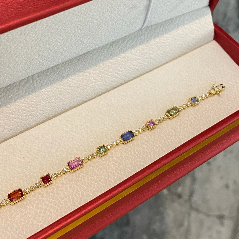 Aazuo Original 18K Yellow Gold Natrual Color Sapphire Real Diamonds Rainbow Bracelet For Woman Upscale Trendy Engagement Party view 3