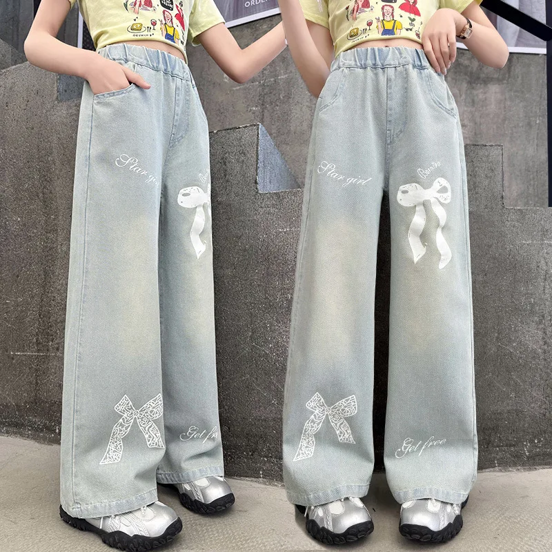 

Summer Spring New Fashion Kids Bow Print Straight Casual Jeans Teens Girl Gothic Wide Leg Y2K Denim Pants Child Street Trousers