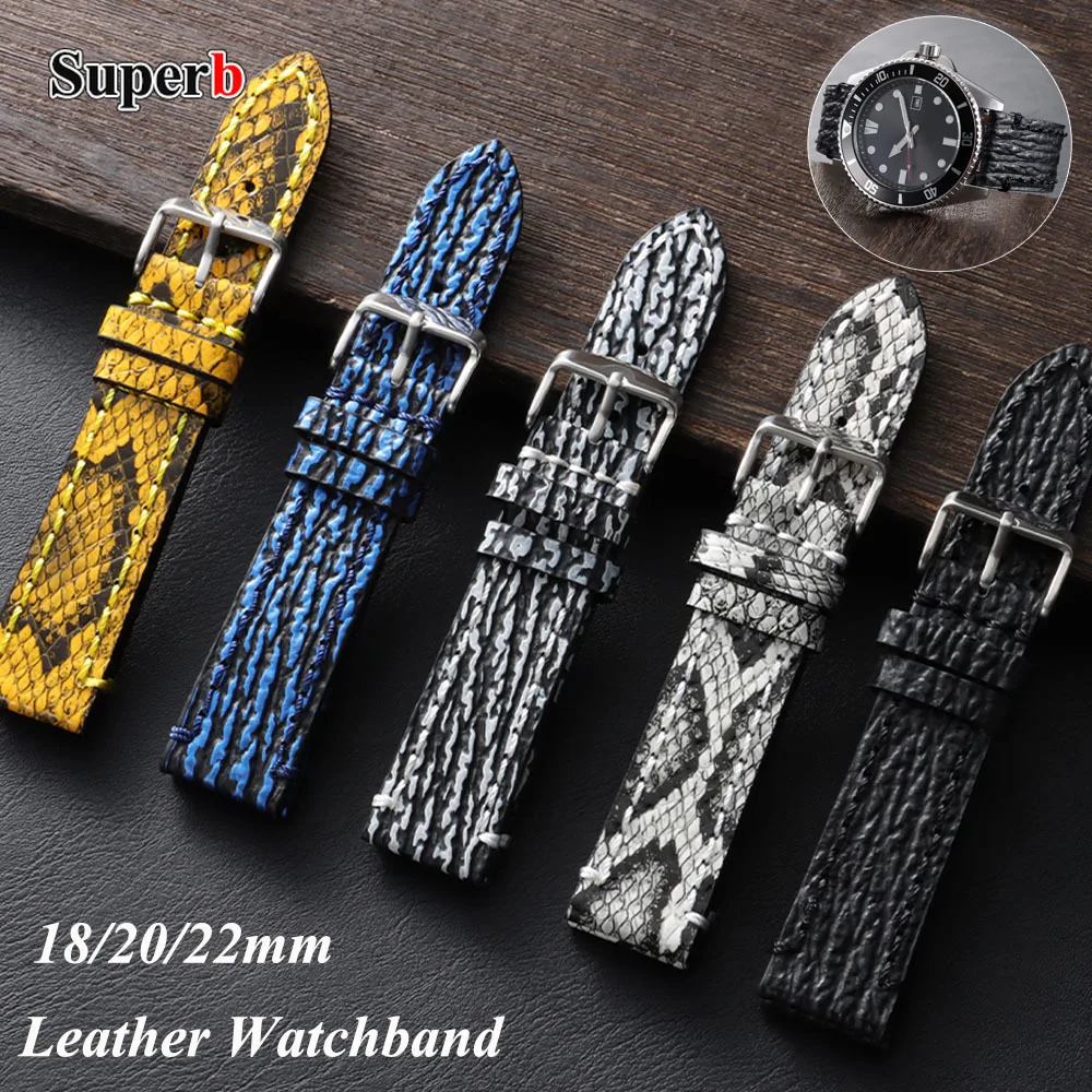 

18mm 20mm 22mm Handmade Genuine Vintage Cowhide Bracelet Men Women for Seiko Panerai Embossed Snake Shark Skin Pattern Watchband