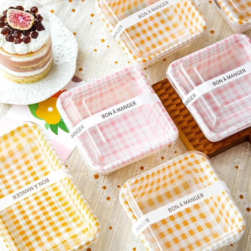 

10PCS Disposable Bento Box Retro Plaid Pink Yellow Plastic Packing Boxes Portable Food Storage Box Fruit Cake Snacks Container