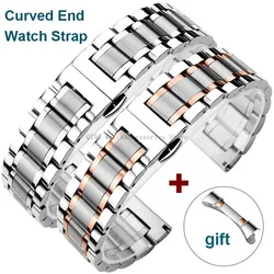Curved End Solid Stainless Steel WatchBand Universal Men Women Metal Strap Sport Replacement Bracelet Butterfly Buckle Wristband