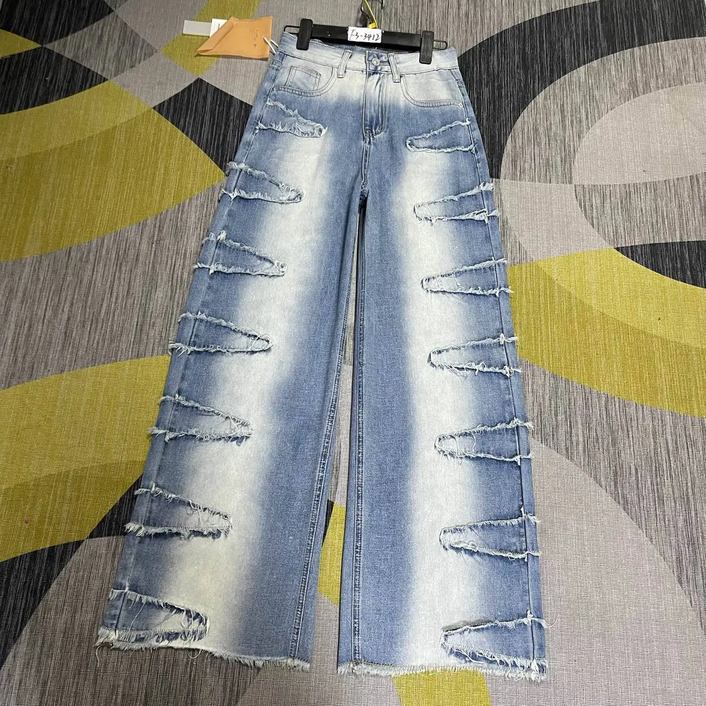 

Thin Style Light Blue Ripped Hot Girl Breasted Tie-Dyed Personality Wide-Leg Pants