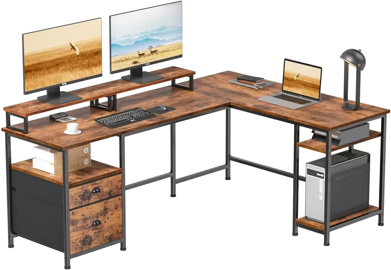 

66” L Shaped Desk with Power Outlet,Reversible Computer Desk with File Drawer&2 Monitor Stands, Office Desk with Storage Shelves