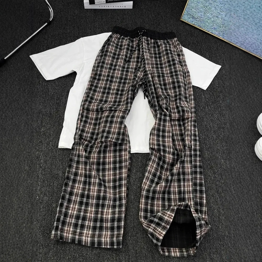 American Retro Plaid Pants Men's Autumn New Pleated Contrasting Plaid Pants Scimitar Straight Slightly Pulled Trousers