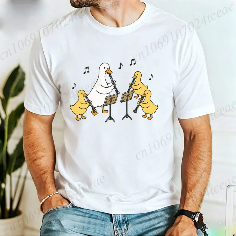Men's Funny Geese Playing Clarinet Graphic T Shirt Cute Cartoon Goose Duck Band Print Tee Tops Gift for Clarinet Lover Musician