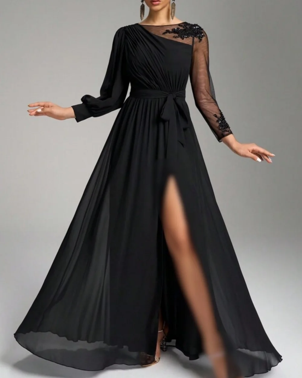 

Customized Elegant Matching Chiffon Beading Pleat Straight Scoop Neck Long Dresses Bespoke Occasion Dresses High Quality Formal