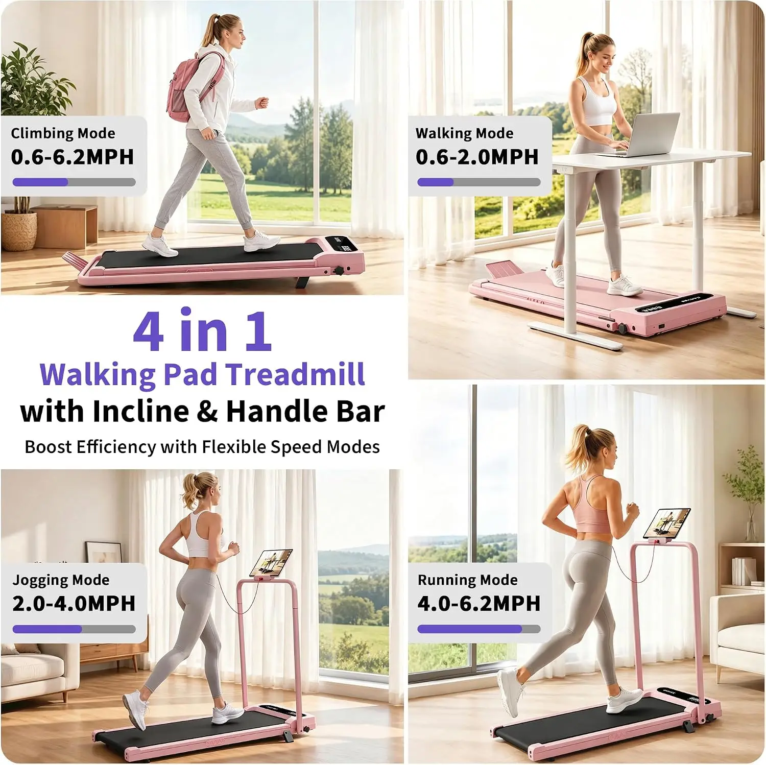 Folding Treadmill with Incline and Handle Bar Walking Pad Treadmill for Home Portable Exercise Machine Space Saving Fitness Equipment 3.0HP Under Desk Treadmill with Smart APP For Climbing/Walking/Jogging/Running