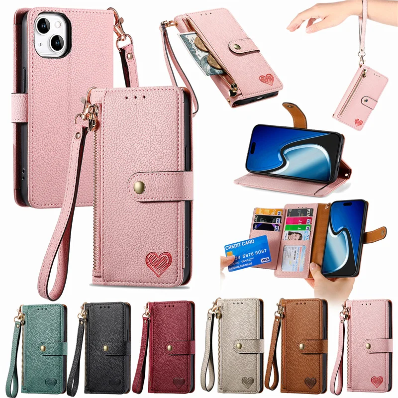 

Leather Zipper Wallet Card Bag RFID Phone Case For iPhone 16 15 14 13 12 11 Pro Max Plus X XR 7 8 Plus Wristband Back Cover