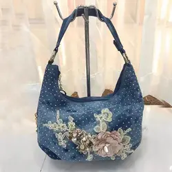 Nuova tendenza con fiori tempestati di diamanti borsa a tracolla monospalla tenuta in mano moda piccole borse con rivetti in Denim fresco