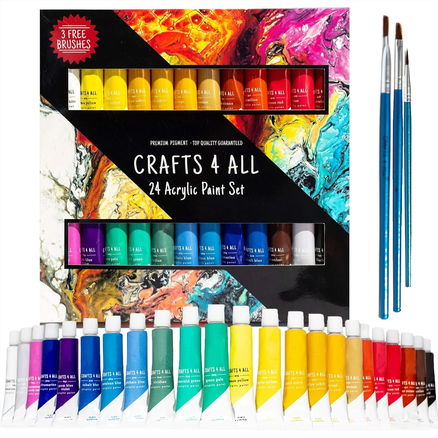 Acrylic Paint Set for Adults and Artists - 24 Pack Non-Toxic Paints with 3 Brushes, Vivid Colors for Canvas Painting, Ceramic