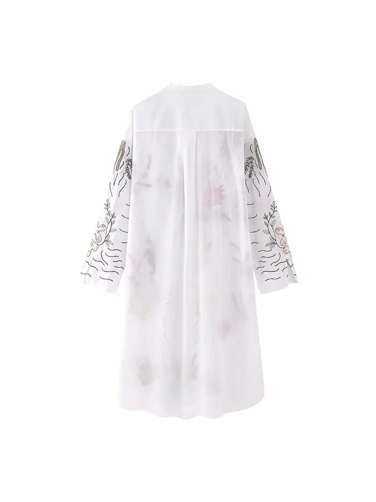 Tinsonan V-Neck Single Breasted Long Embroidery Blouse Casual Long Sleeves Side Slit Loose Women Shirt