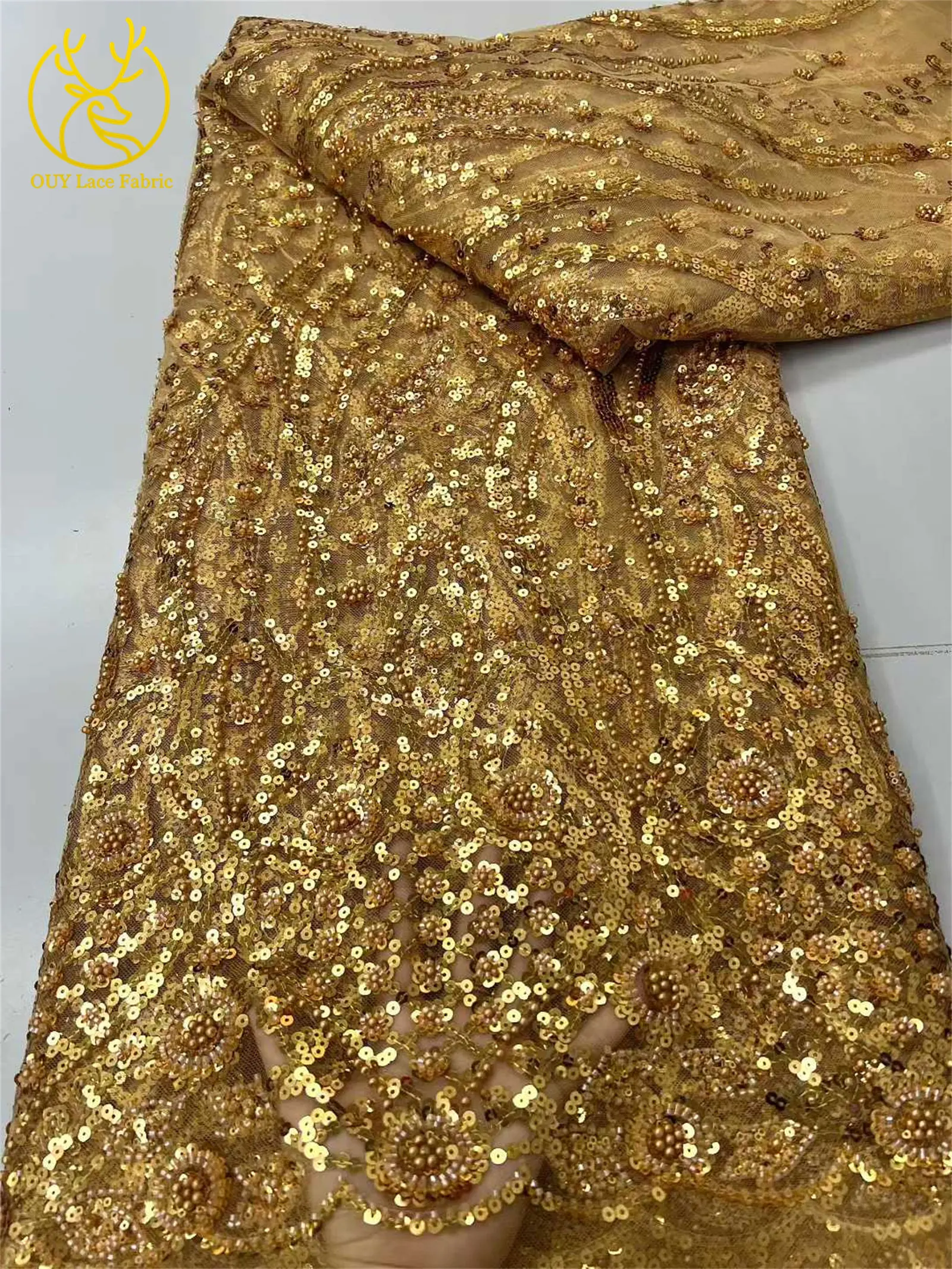 5 Yards afrikanischer, lindgrüner Perlen-Pailletten-Spitzenstoff 2026, königlicher französischer Pailletten-Tüll-Spitzenstoff für Damen-Partykleider, Nähmaterial – Detail 15