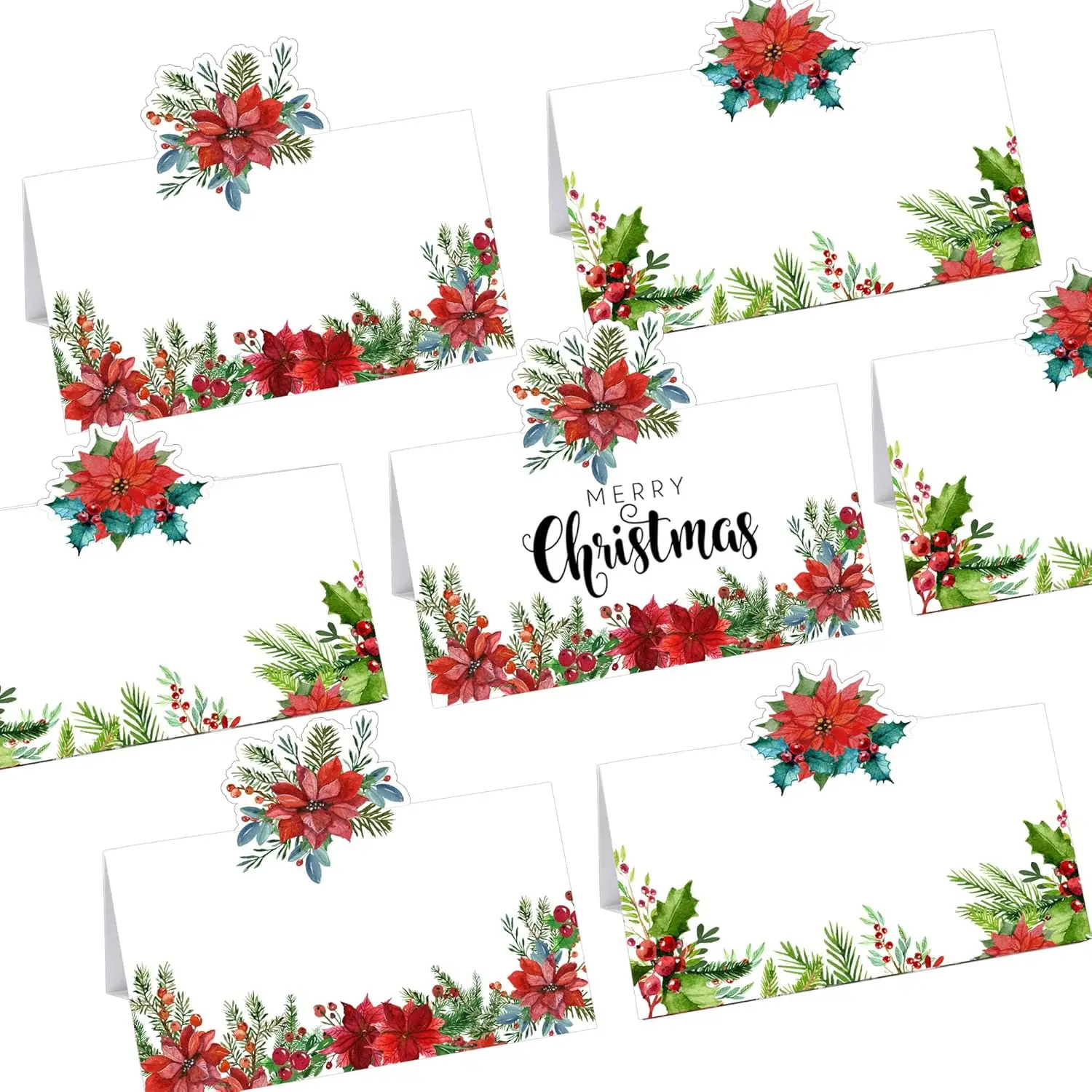 

Высеченная рождественская карта Poinsetta с цветком для сервировки стола, пустая праздничная идея для сидения, сложенная бумажная палатка, этикетка для свадебных столов, салфетки