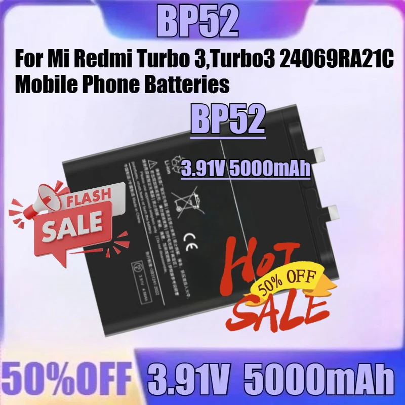 

Новый аккумулятор BP52 5000 мАч, 3,91 В, высококачественный аккумулятор для Poco F6, аккумулятор для мобильных телефонов Mi Redmi Turbo 3, Turbo3 24069RA21C
