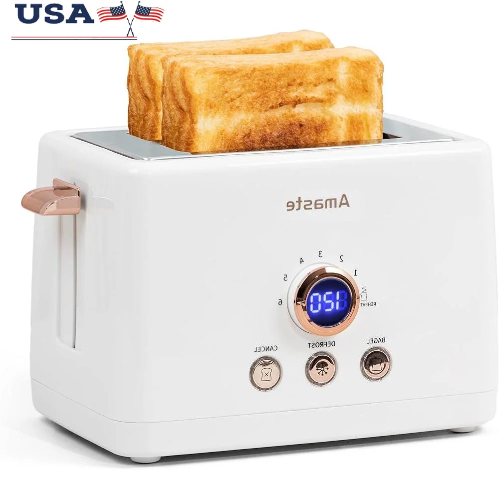 

2 Slice Toaster Retro Style LED Countdown Timer Extra Wide Slots 6 Shade Settings Bagel Cancel Toasting Machine Kitchen