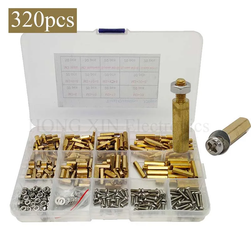 

320PCS/Set M3 Brass Female/Male Spacing Screws Security Surveillance Cameras Pillars Knurled Standoff Spacer Kit