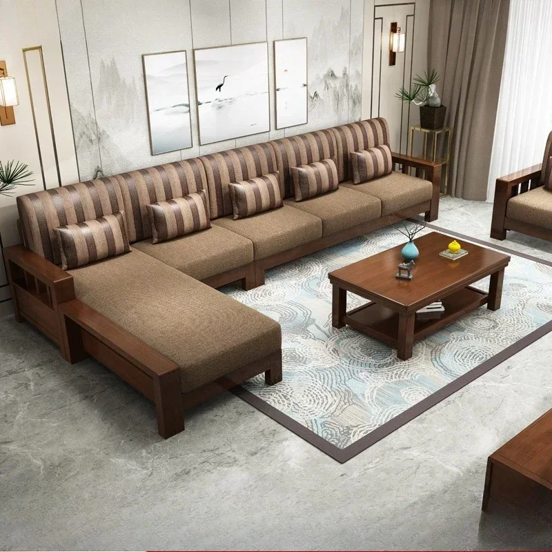 Modern simple Chinese solid wood sofa, princess corner, small apartment fabric wood sofa, storage combination furniture