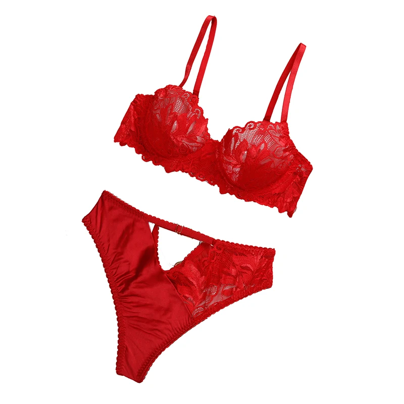

New Bra Brief Sets Solid Elegant Lace Sexy Traceless Lingerie Hollow Out Underwear Ultra Thin Red See Through Exotic Sets