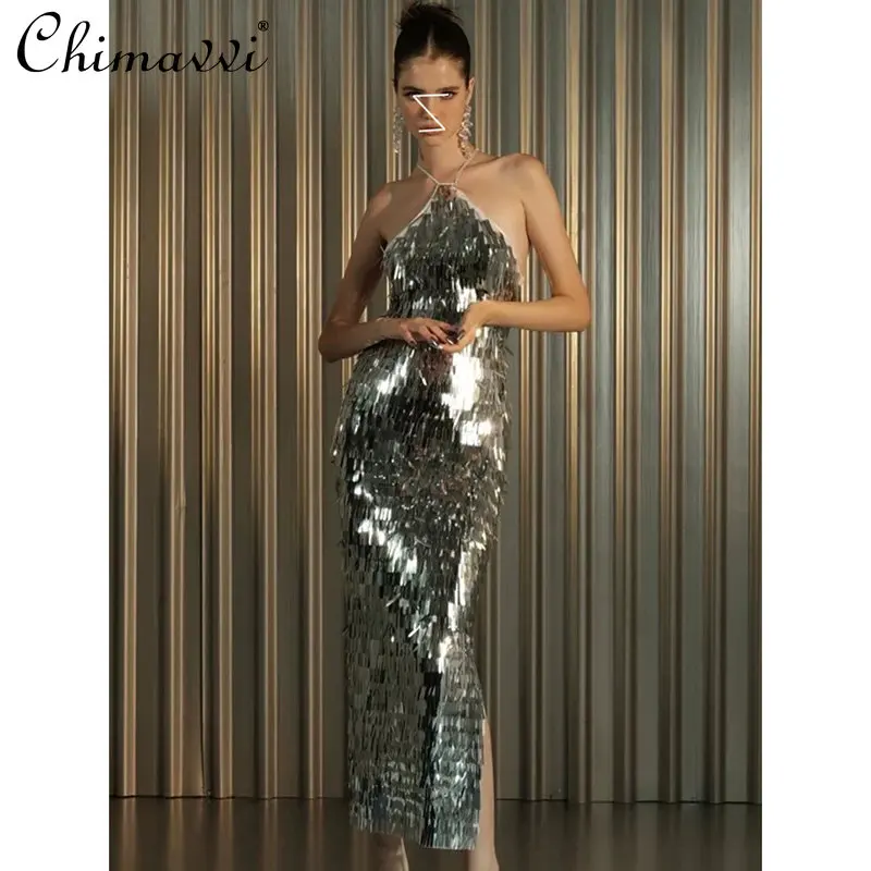 

Hot Girl Sexy Heavy Embroidery Sequins Tassel Halter Dress 2023 Spring and Summer New Fashion Backless Slim Mid-Length Hip Dress