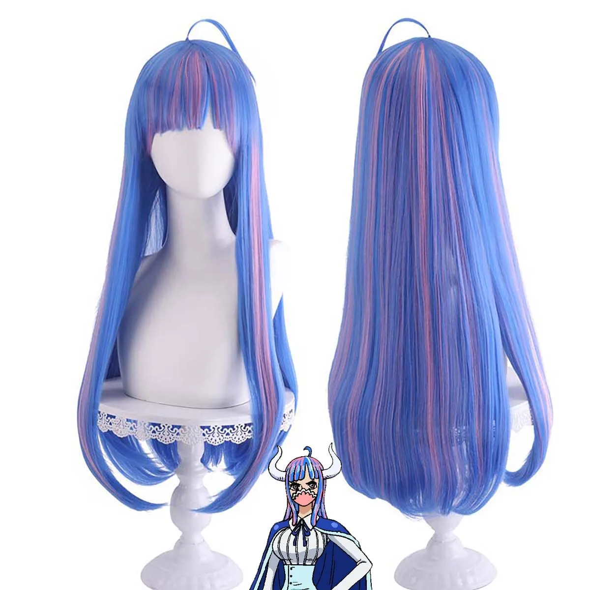 Anime Queen Ulti คอสเพลย์ยาวสีฟ้าผสมสีชมพูความร้อนทนวิกผมสังเคราะห์สําหรับผู้หญิงหญิง