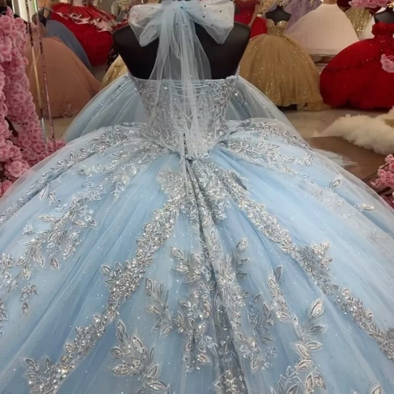 Luxury Sky Blue Quinceanera Dresses Ball Gown Off the Shoulder Applique Lace Beads Tull Sweet 16 Dress Party Birthday Gown Vesti