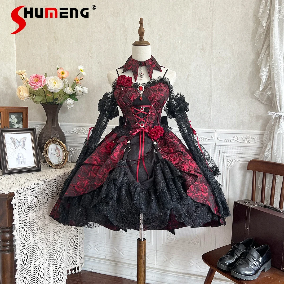 

Dark Goth Loli Lace Stitching 3D Flower Sleeveless V-neck High Waist Lace-up Slim Suspender Ball Gown Lolita Jsk Dress for Women