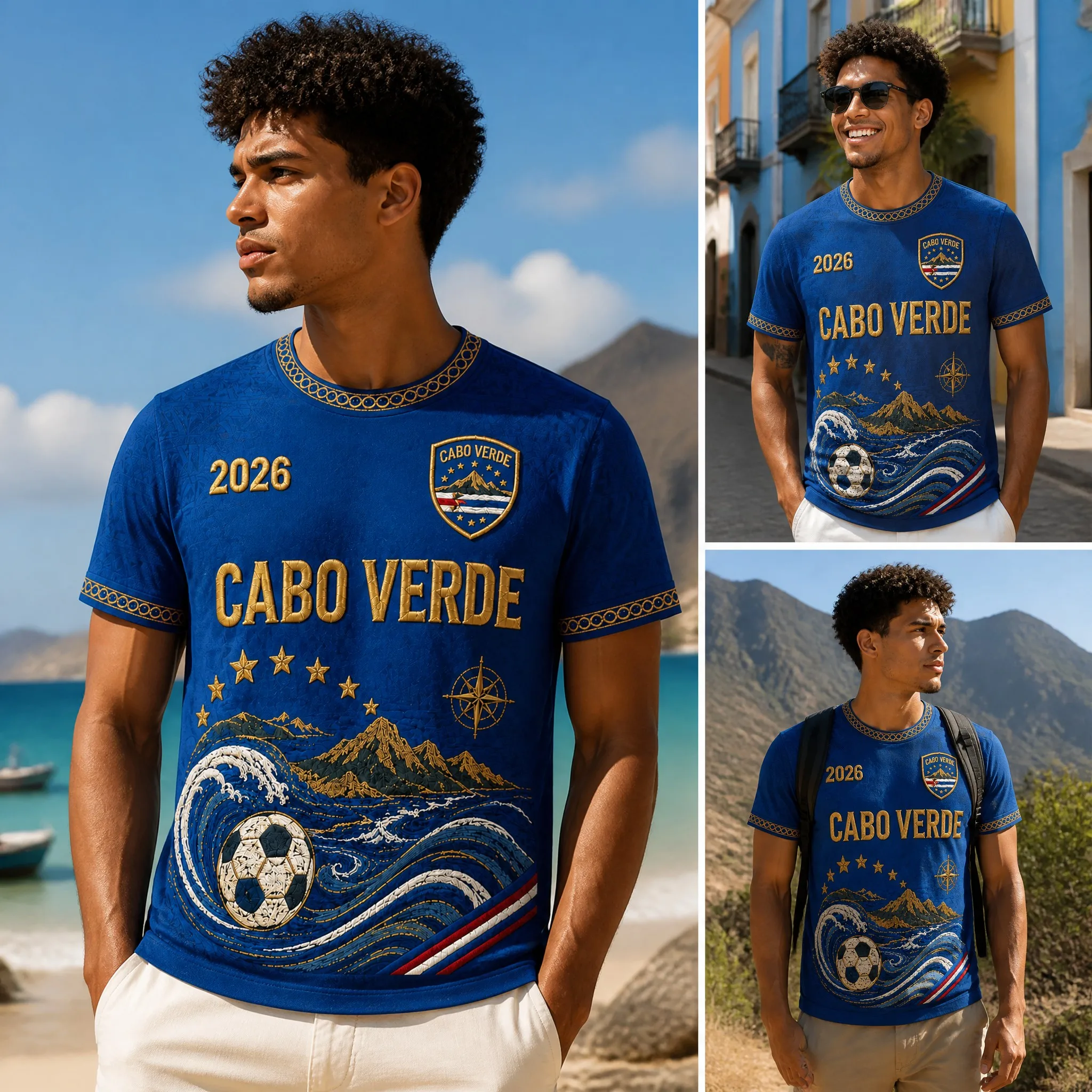 Mens Cabo Verde Crew Neck T Shirt Blue Mountain Wave Football Print Short Sleeve Casual Top Coastal Vacation Summer Style Outfit