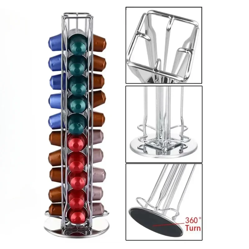 

Coffee Capsule Holder Can Hold 40 Capsules. 360 ° Chrome Plated Rotatable Display Capsule Holder Storage Rack