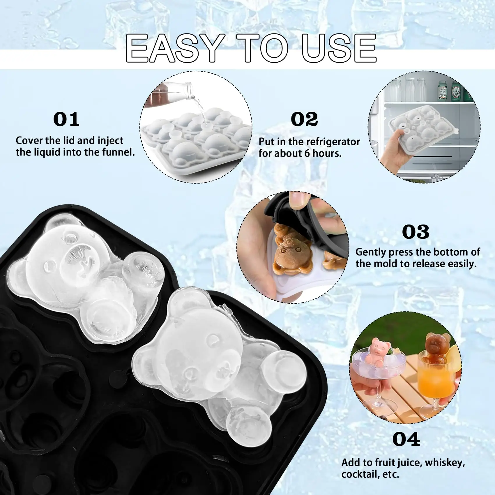 الدب قالب مكعبات الثلج 2/4/6 شبكات ثلاثية الأبعاد سيليكون قابلة لإعادة الاستخدام سبلاش واقية BPA الحرة للويسكي الكوكتيلات المشروبات الشوكولاته الحلوى عدد وأدوات