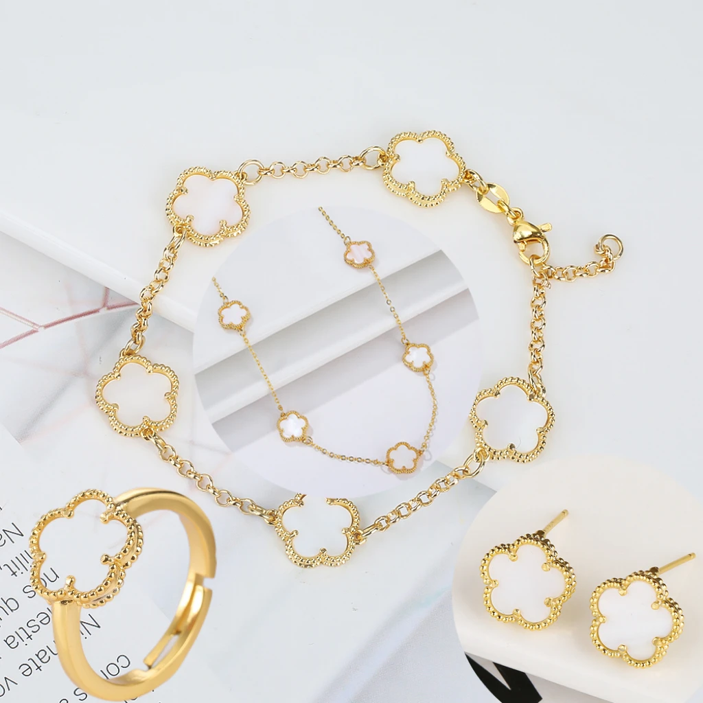 Creative Hot Selling Jewelry Set Women's Gift Luxury Five Leaf Petals Three Leaf Grass 18K Gold Plating High Quality